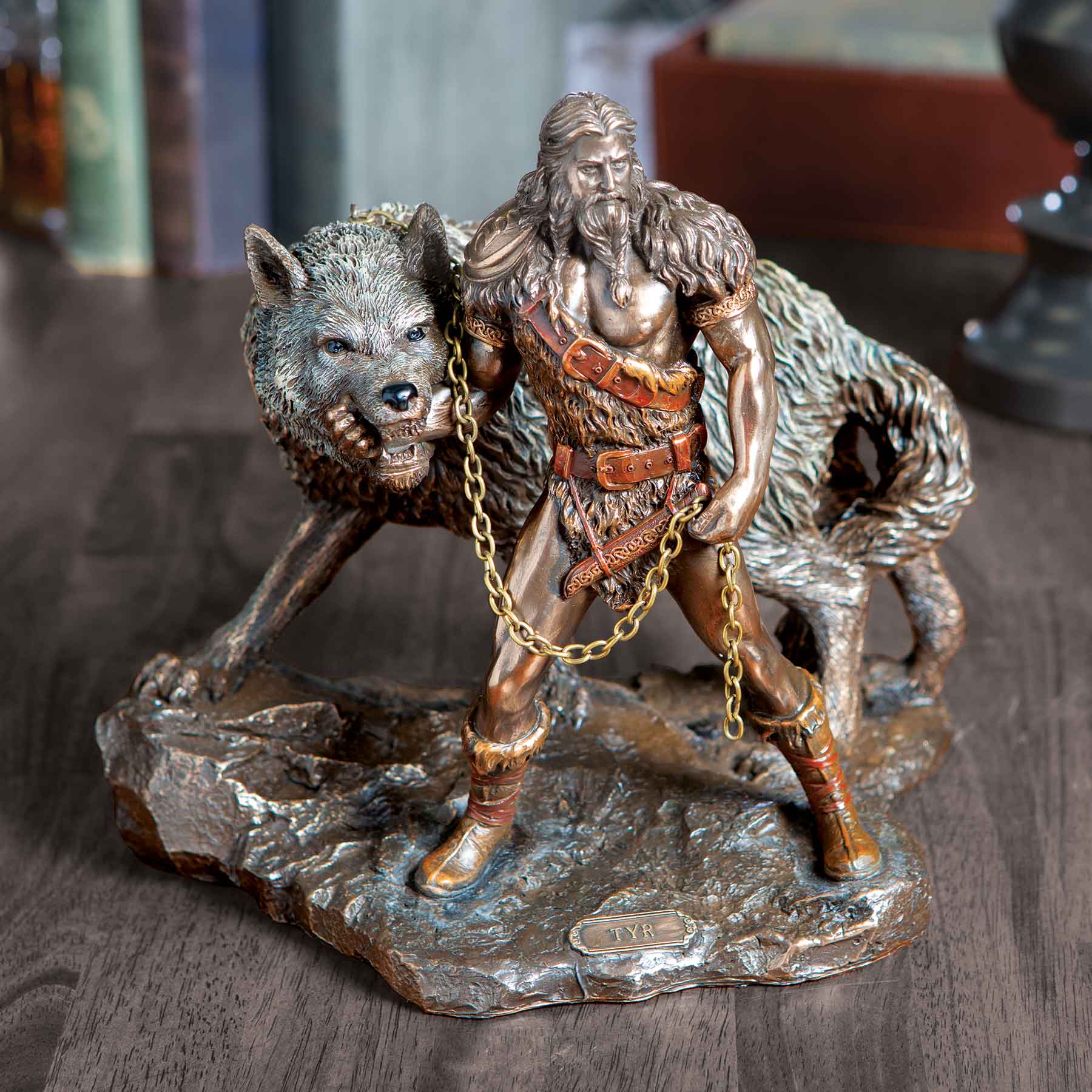 God of War Tyr Figurine With Fenrir Bronze Hand-painted 