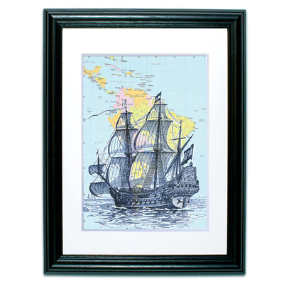 Framed Ship on Replica Atlas Page - Creations and Collections