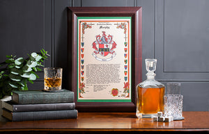 Image of a set shot containing barware and personalized family crest decor.