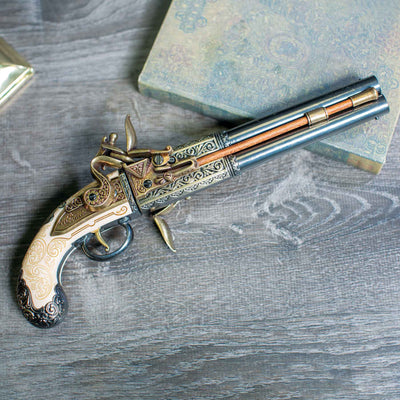 Colonial Engraved Double Barrel Flintlock Pistol Replica - Creations and Collections
