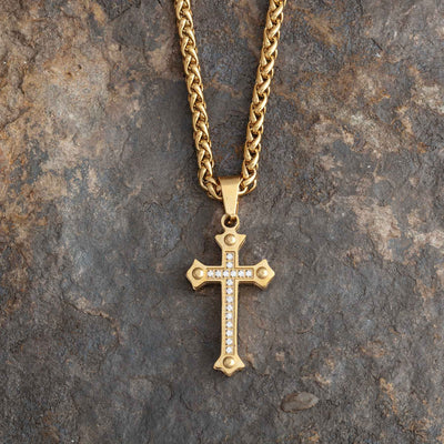Gold cross necklace with diamond accents on thich cut gold chain