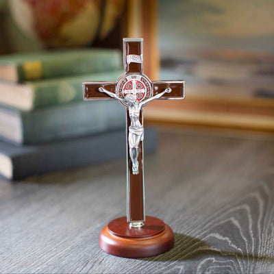 8" Brown Enamel With Brown Enamel Medal/silver Tone Crucifix - Creations and Collections