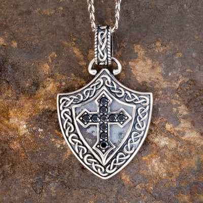 Men’s Black Spinel Celtic Cross Shield Necklace - Creations and Collections